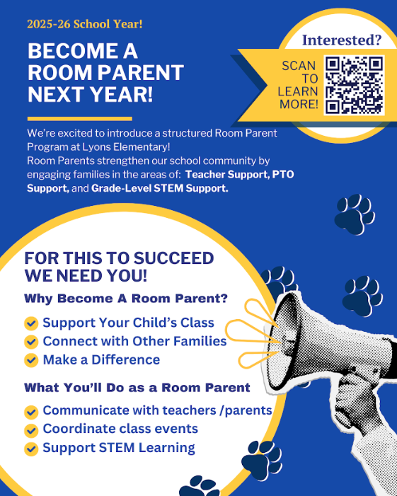 Promotion for becoming a Room Parent at Lyons Elementary for the 2025-26 school year, with key benefits and tasks listed.