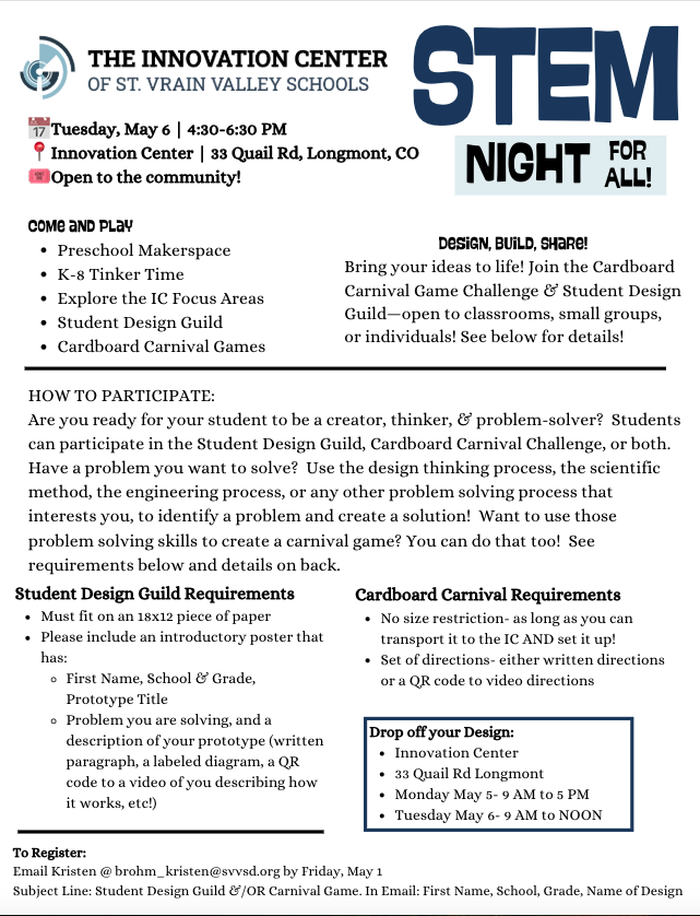 Event flyer promoting a STEM night at the Innovation Center with activities for K-8 students, including design challenges.