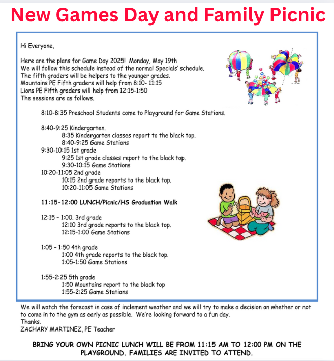 Schedule for Game Day on May 19, 2025, including activities for each grade and lunch time. Families invited.
