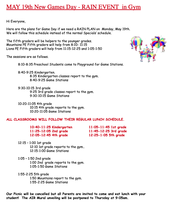 Schedule for May 19th New Games Day event in the gym, including times for different grades and lunch details.