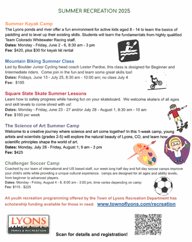 Information sheet for summer recreation camps in Lyons, CO, including kayaking, biking, skateboarding, art, and soccer.