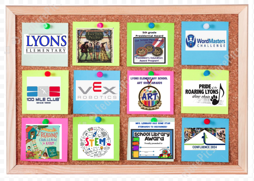 Bulletin board featuring school awards, programs, and activities, with colorful notes and logos from various events.