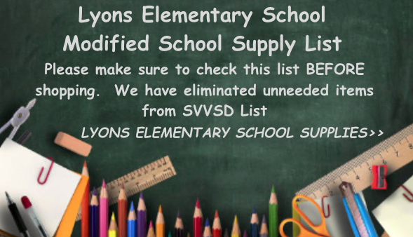 Lyons Elementary School's modified school supply list with a reminder to check it before shopping. Supplies shown.