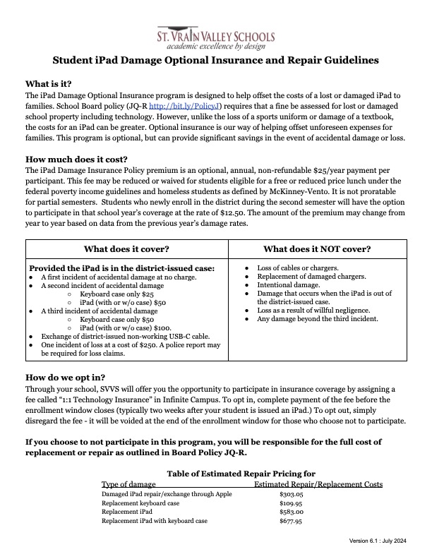 Student guidelines for optional iPad damage insurance, covering costs, claims, and repair estimates.