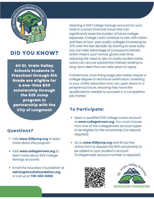 Informational flyer about the 529 Jump program for St. Vrain Valley Schools, detailing scholarship and college savings options.
