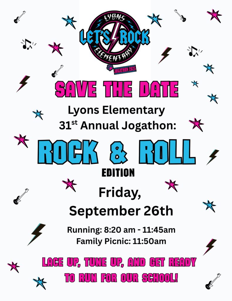 Event flyer for Lyons Elementary's 31st Annual Jogathon on September 26th, featuring running and a family picnic.
