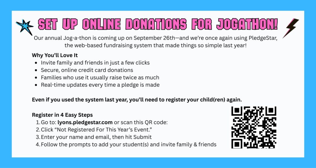 Promotional flyer for a Jog-a-thon, detailing online donation setup, registration steps, and benefits of using the system.
