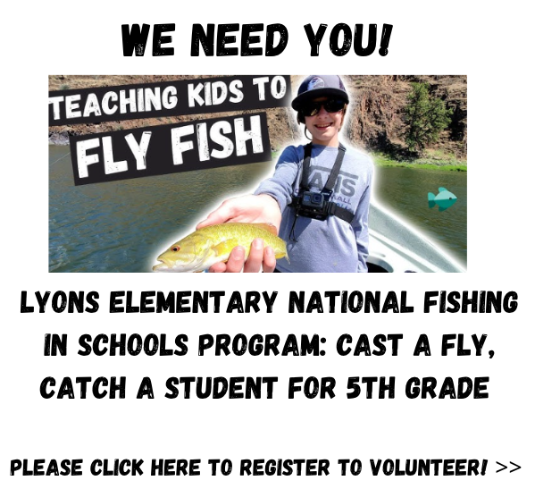 A child holds a fish while promoting a fishing program for 5th graders at Lyons Elementary, inviting volunteers.