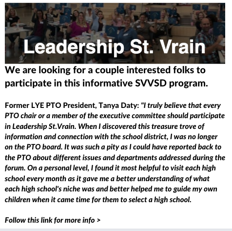 Image of a community meeting with people seated, discussing the Leadership St. Vrain program and its benefits.