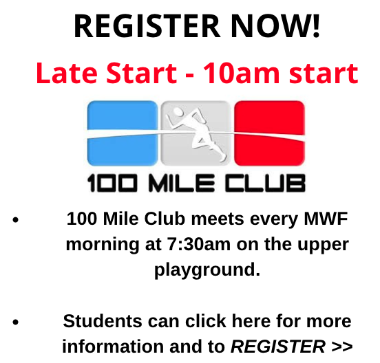Image promoting the 100 Mile Club registration with details about meeting times and a late start at 10 AM.