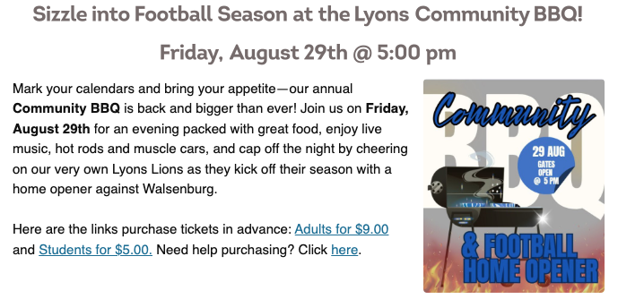 Event announcement for the Lyons Community BBQ on August 29th at 5 PM, featuring food, music, and a football game.