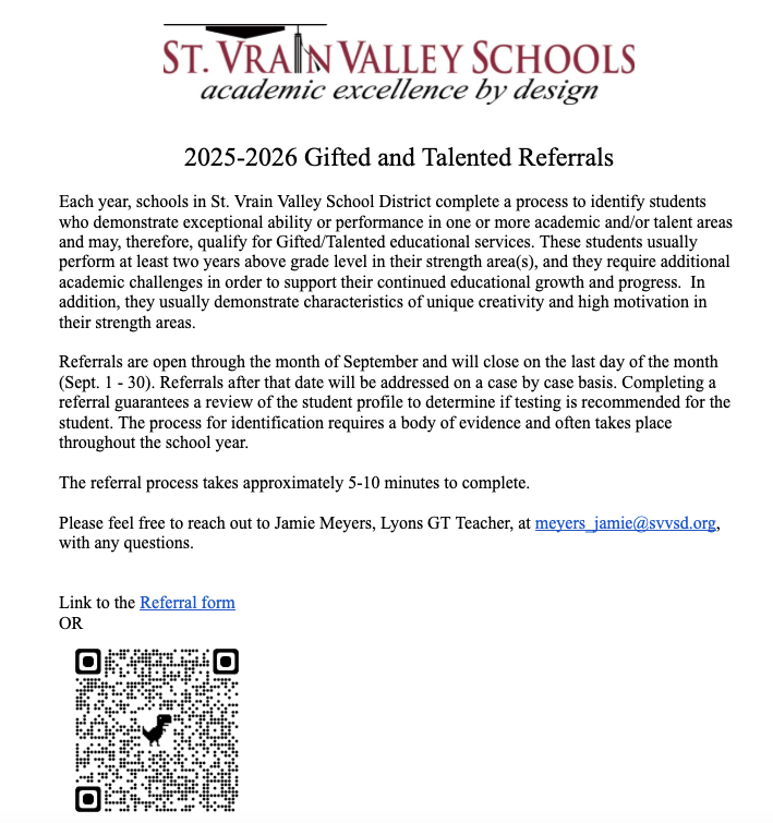 Information about the 2025-2026 Gifted and Talented referral process for St. Vrain Valley Schools, including deadlines.