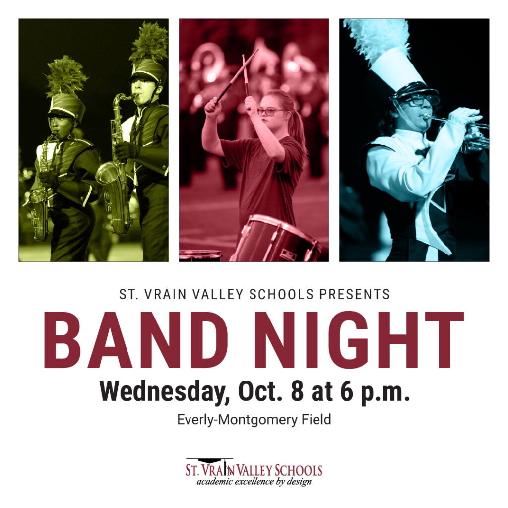 Event poster for Band Night featuring musicians with instruments. Date: Oct. 8, 6 p.m. at Everly-Montgomery Field.