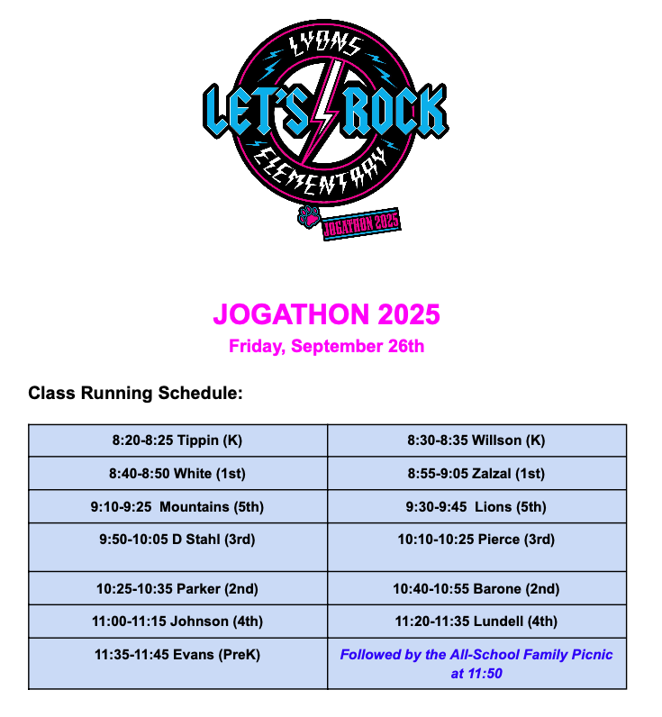 Event schedule for Jogathon 2025 at Lyons Elementary on September 26, listing class times and activities.